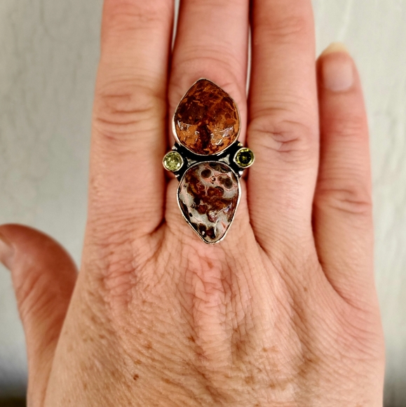 New Leopard Skin Jasper, Fossil Coral, Citrine 925 Silver Statement Ring. - Picture 2 of 8